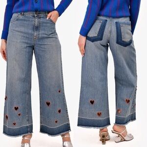 Vivetta High Rise Laser Cut Hearts Wide Leg Cropped Jeans